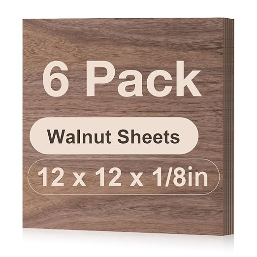 6 Pack Walnut Plywood Sheets, 12 x 12 x 1/8 Inch, 3mm Plywood for Laser Cutting and Engraving, Thin Unfinished Wood Blanks for Architectural Models and DIY Crafts by Wowood