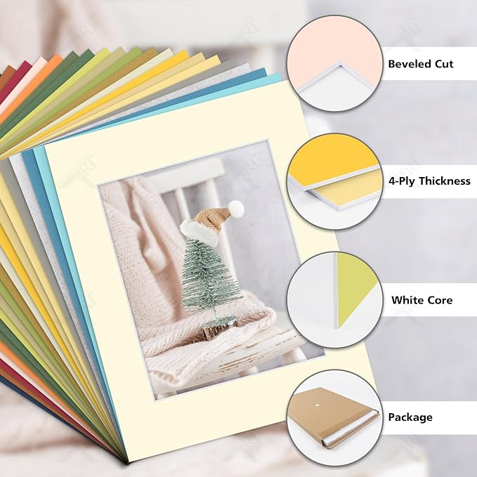 Golden State Art 20 Pack Mixed Color Photo Mats 11x14 for 8x10 Mats Only | Acid-Free Pre-Cut7.5x9.5 Opening 4-Ply Bevel Cut White Core Photo Matte Matting - Image 3