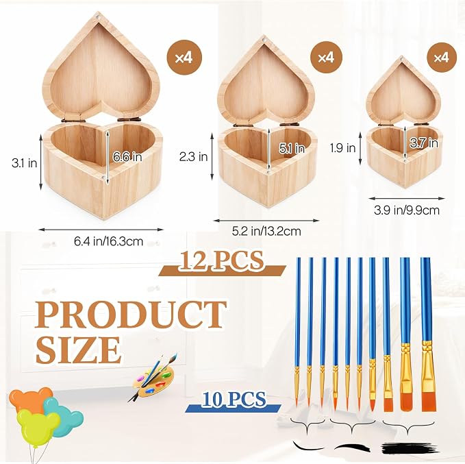 12 Pcs Unfinished Heart Box Wooden Treasure Chest with Art Brushes Wood Heart Shaped Natural Pine Box with Hinged Lid for for Back to School Classroom Art Projects Teachers Students Kids - Image 2