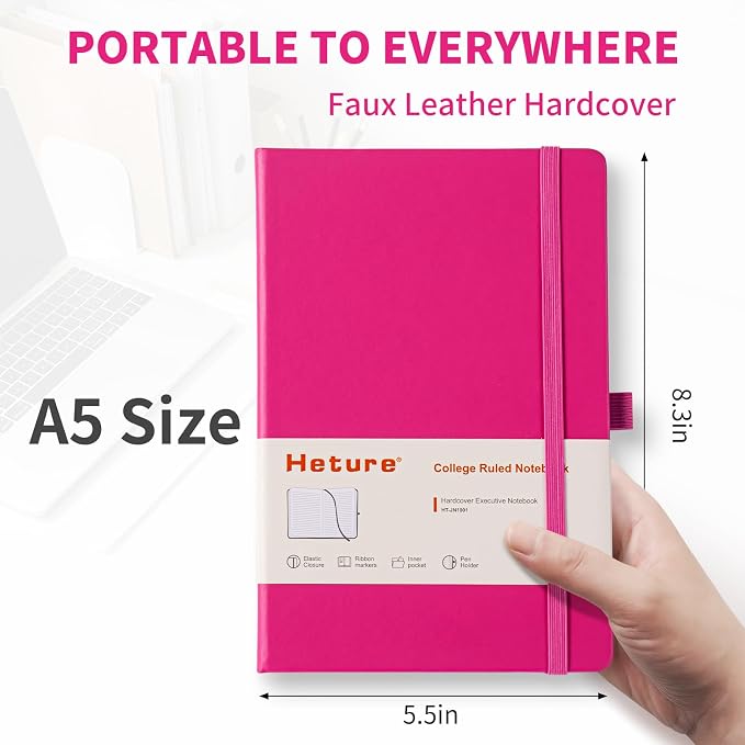 Heture Hardcover Journal Notebooks, A5 Lined Notebook for Writing and Work, 160 Pages 100 GSM Thick Paper, Ruled Notebooks Bulk with Elastic Closure, Hardcover Notebook for Work, School, Travel, Note Taking (Fuchsia, 1 Pack) - Image 2