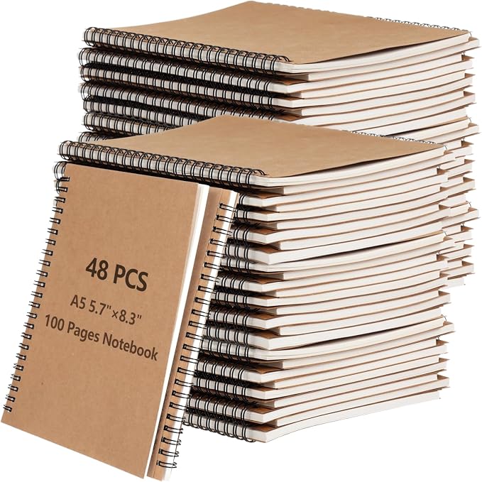 Lnrueg 48 Pcs A5 Spiral Notebooks - Brown Kraft Paper Cover Notebooks, Hardcover Lined Notebooks, Sturdy Travel Journals with Smooth 70GSM Paper for School, Office, Travel, 100 Pages by Lnrueg