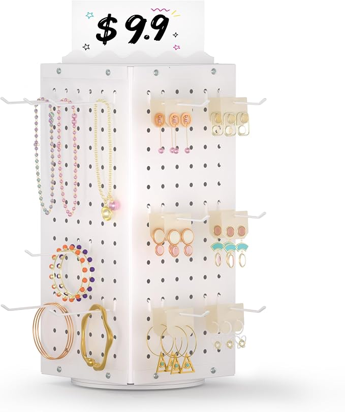 Urban Deco 360° Rotating Pegboard Display Stand with Signage, 4-Sided Spinning Peg Board Stand with 24 Hooks for Jewelry, Earring & Keychain Holder Displays for Craft Shows & Vendor Events (White) by UrbanDeco