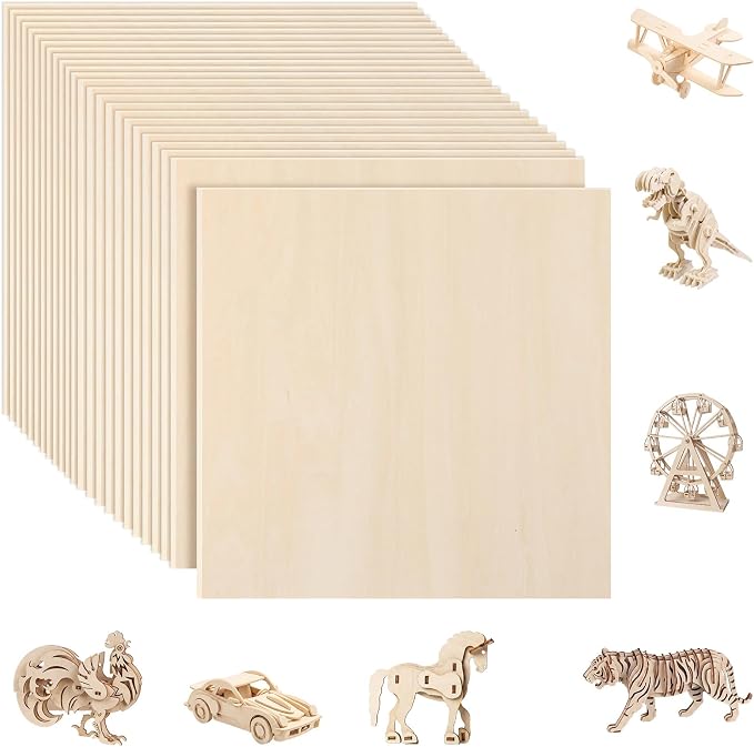 SiliFine 12x12 Inch 24 Pack Basswood Sheets for Crafts, Mixed Sizes 1/16“or 1/8" 3mm Plywood Boards, Unfinished Wood Sheets for Laser Cutting Burning Paint DIY Project Model (Suqare) by SiliFine