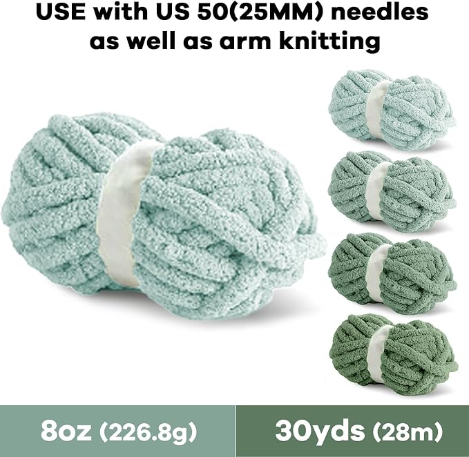 8 Packs Jumbo Sage Green Chunky Chenille Yarn for Crocheting, Bulky Thick Fluffy Yarn for Knitting, Super Bulky Chunky Yarns for Hand Knitting Blanket (27 yds,8 oz Each Skein) - Image 2