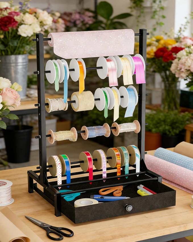 Ribbon Organizer with Fabric Drawer, Adjustable 5-Tier Ribbon Holder, Large Capacity Stable Ribbon Storage Rack for Craft Room, Gift Wrapping & Florist Supplies - Image 6