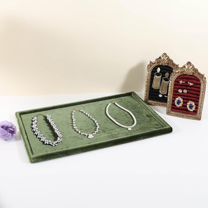 Rectangle Jewelry storage organizer plate, Velvet Jewerly display tray, Empty showcase tray for Necklace Bracelet Ring Earring【Light Green-Large, 17.7 x 11.8 in 】 - Image 5