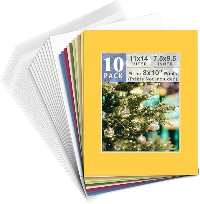 Golden State Art 10 Pack Mixed Color Photo Mats 11x14 for 8x10+Backing+Bags | Acid-Free Pre-Cut 7.5x9.5 Opening 4-Ply Bevel Cut White Core Photo Matte Matting Includes 10 Backing Board 10 Clear Bags by GoldenStateArt