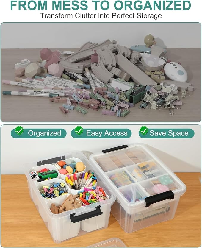 NUMIFUN 17QT Clear Storage Bins with Lids & Dividers for Crafts | Stackable 17-quart transparent box featuring 6 tall removable inserts. Perfect for organizing crafts, tools, toys & crayons - Image 8