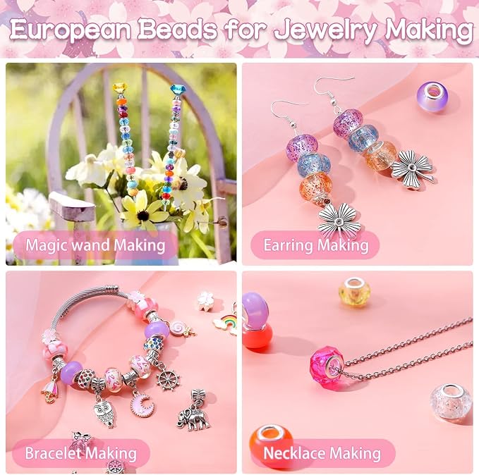 Aipridy 210 Pcs Large Hole European Beads, Craft Supplies Kit, Assorted Mixed Color Lampwork Spacer Beads for DIY Bracelet Jewelry Making (210, Mixed Pack by Style) - Image 3