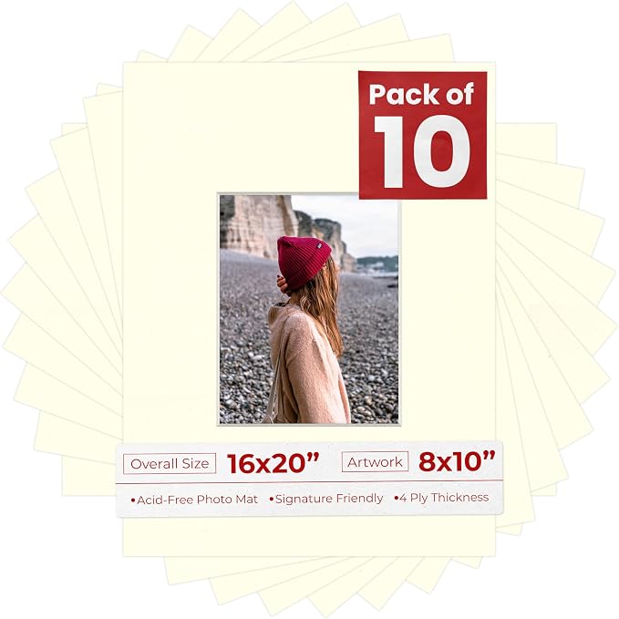 8x10 Mat for 16x20 Frame - Precut Mat Board Acid-Free Textured Cream 8x10 Photo Matte For a 16x20 Picture Frame, Premium Matboard for Family Photos, Show Kits, Art, Picture Framing, Pack of 10 Mats by PosterPalooza