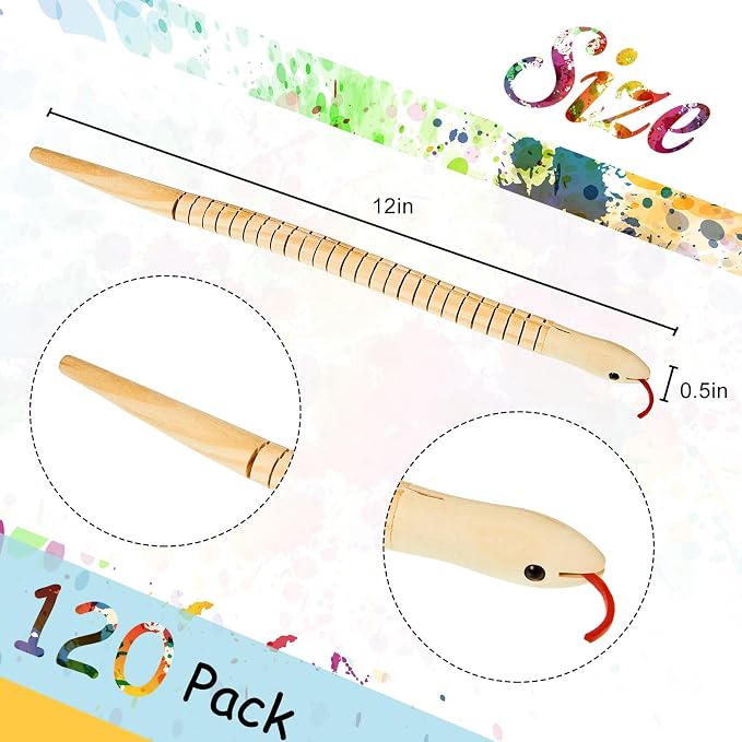 BBTO 120 Pieces Wooden Snake Unfinished Wooden Wiggly Snake Jointed Flexible Wooden Snake with 12 Colors Acrylic Craft Paint and Paint Brush for Arts and Crafts Halloween Party Decoration - Image 2