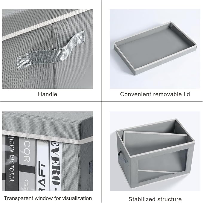 Storage Bins with Lids - Fabric Closet Storage Bins with Window, Collapsible Baskets for Shelves 4 Pack, Home Decorative Boxes for Clothes, Closet, Office, Grey - Image 7