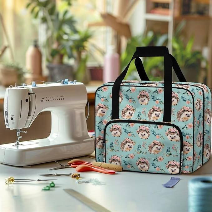 Sewing Machine Tote Bag Large Capacity Appliance Dust Storage Bag Versatile Travel Carrier Bag Portable Sewing Machine Organizer Bag, Hedgehog Flower Leaf Teal - Image 4