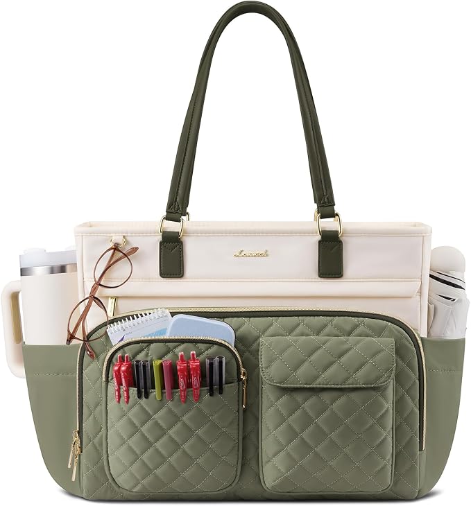 LOVEVOOK Tote Bag with Large Cup Holder, Work Tote Bags for Women, Large Capacity Teacher Tote with Multi Pockets, Nurse Diaper Bag with Padded Laptop Compartment, 15.6 Inch Light Green Beige by LOVEVOOK