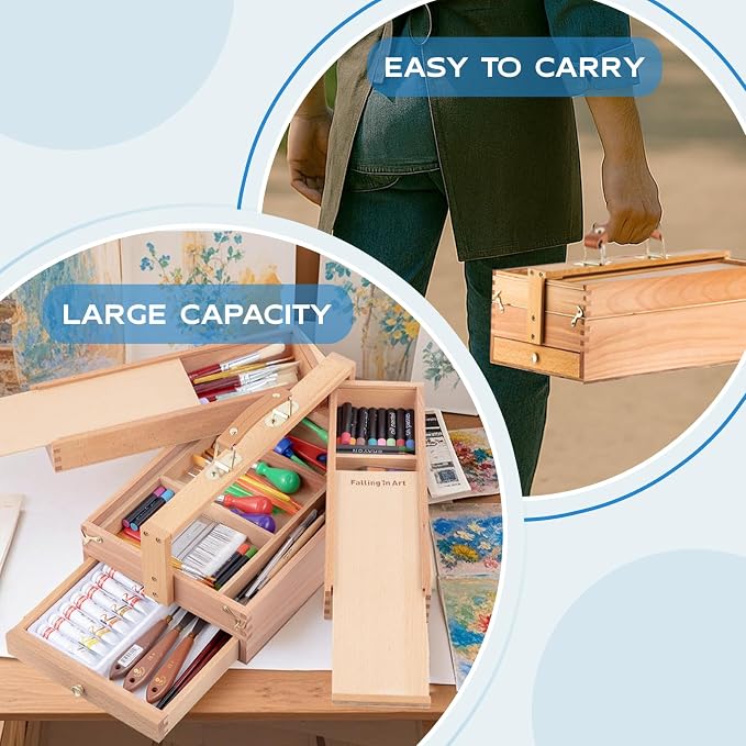 Falling in Art Artist Supply Storage Box, Three Layer Art Storage Tool Box | Portable Beechwood Toolbox with Drawer for Paints, Brushes, Pastels, Pens, and Markers - Image 6