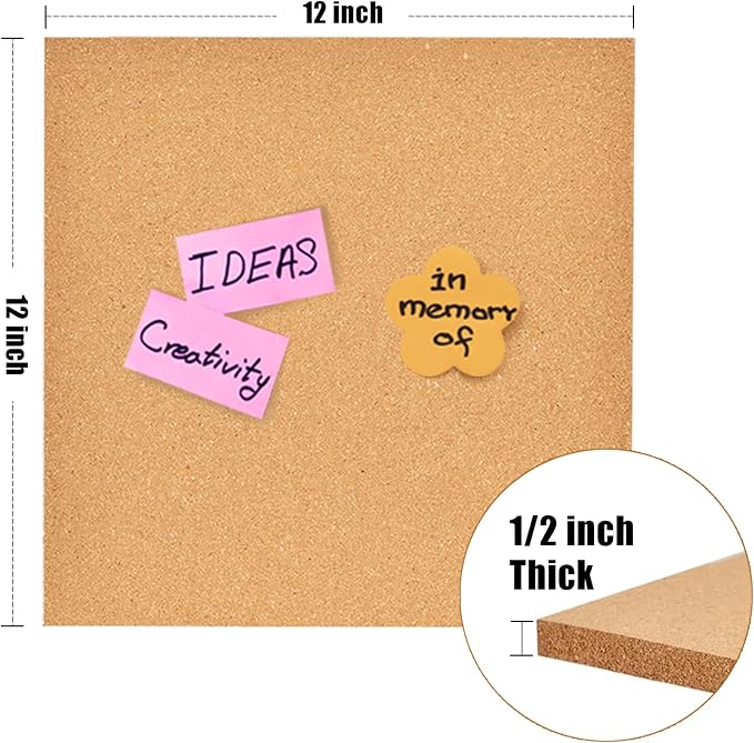 12x12 Cork Board Tiles Bulletin Board, 1/2" Thick Small Square Cork Boards for Walls, Self-Adhesive Cork Tiles for Home, Office, School, Bulletin Board Decorations(12mm,2pc) - Image 2