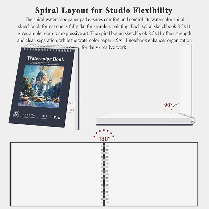 Fuxi Watercolor Notebook 8.5" x 11", 140 lb Cold Press Watercolor Paper, 32 Sheets (64 Pages) Water Color Paper Pad, Art Supplies for Adults Painting, Gouache & Ink. - Image 4