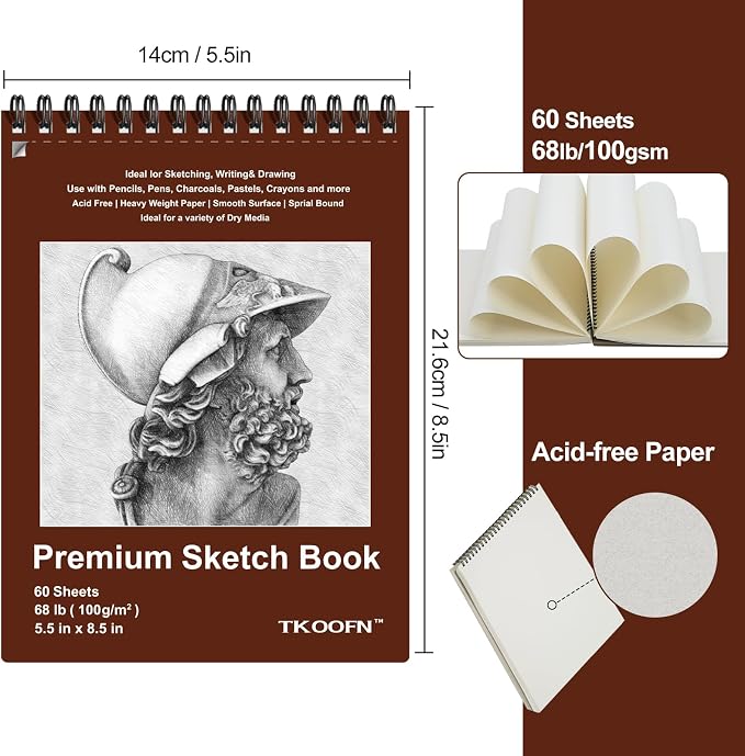 TKOOFN 5 Pack 5.5" x 8.5" SketchBooks Bulk,Top Spiral Bound Sketchbook | 60 Sheet Each,300 Sheets total,68lb/100gsm thick,Acid-Free,Portable Travel Drawing Paper Pad for Adult Kids Artists Beginners - Image 2