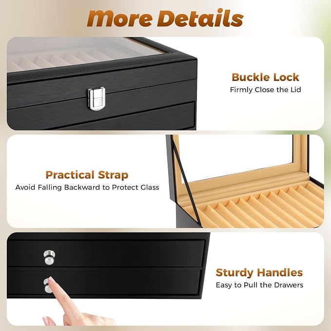 36 Pieces PU Leather Pen Box, 3 Levels with Drawers Fountain Pen Display Case Storage Organizer Box with Glass Window Gift for Friend (Black) - Image 6