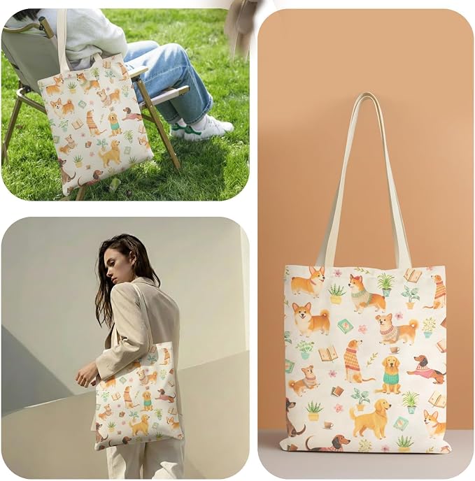 Printed Canvas Tote Bag Zipper Pocket & Magnetic Snap, Dog B | Versatile Hand Shoulder Carry, 15x16 Inch Large Large Capacity, for Work, Travel, Shopping - Image 5