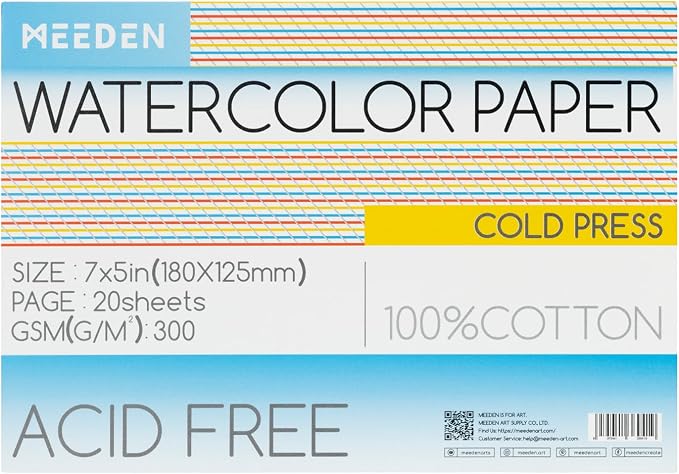 MEEDEN Cotton Watercolor Paper Block: 5" x 7" Cold Pressed of 20 Sheets | 140lb/300gsm 100% Cotton Watercolor Paper Pad, Acid-free Art Paper for Painting, Drawing, Watercolor, Gouache, Ink and More by MEEDEN