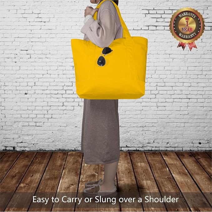 TOPDesign 1-Pack Canvas Tote Bags with an External Pocket, Reusable Grocery Shopping Bags, Top Zipper Closure, Daily Essentials (Yellow) - Image 2