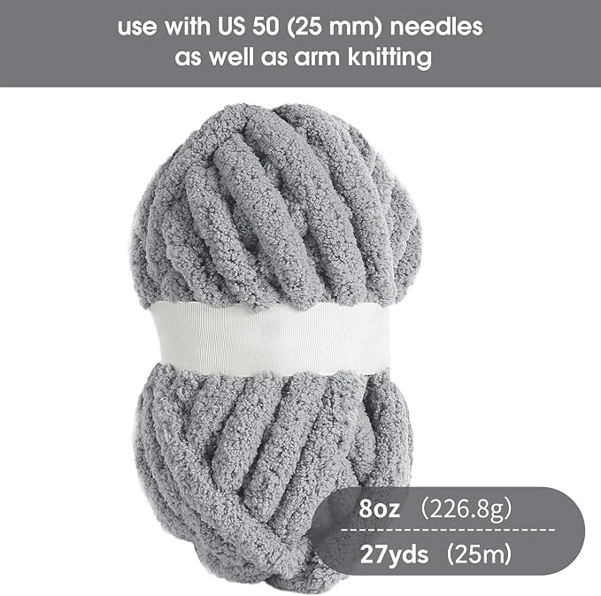 Hombys Light Grey Chunky Chenille Yarn for Crocheting & Knitting, Super Bulky Thick Fluffy Yarn for Hand Knitting Blanket, Soft Plush Yarn, 8 Jumbo Pack (27yds, 8 oz Each Skein) - Image 2