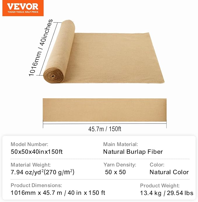 VEVOR Burlap Fabric Roll, 40” x 150 ft, High Density Wide Natural Burlap Fabric Rolls, Jute Fabric Burlap Tree Wrap Roll, for Decor, Crafts, Wedding, Gardening, Plant & Tree Winter Covering - Image 7
