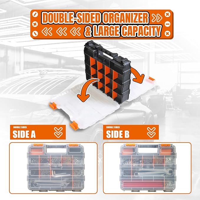 Jack Boss Tool Box with Transparent Lid, Double Side 34-Compartments Organizer Box with Removable Dividers for Hardware, Screws, Bolts, Nails, Beads, Jewelry and Fishing Accessories, Orange, 1 Pack - Image 6