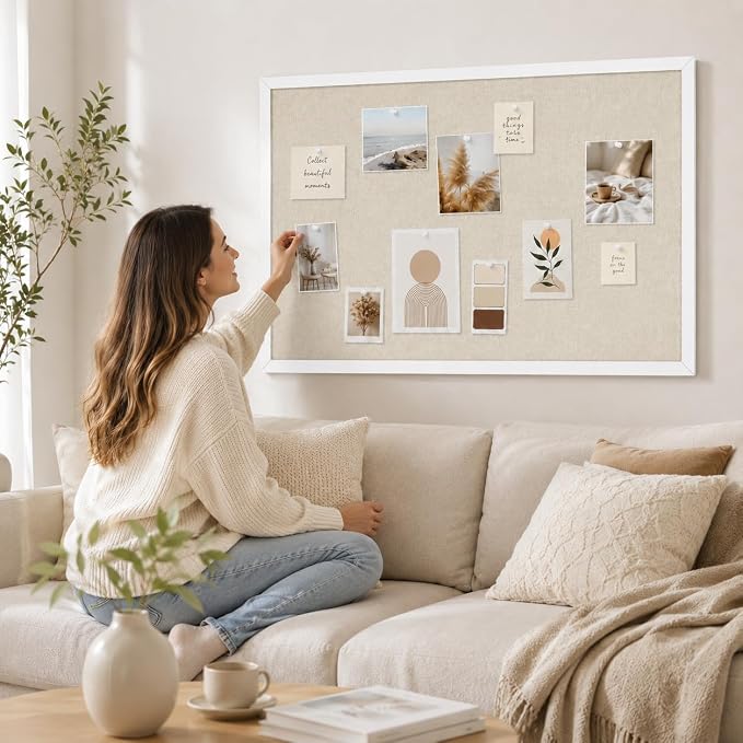 17"x23" White Framed Natural Wood Tone Bulletin Board, Pin Board | Linen corkboard texture. Premium cork boards for walls and pin board office organizer. - Image 6