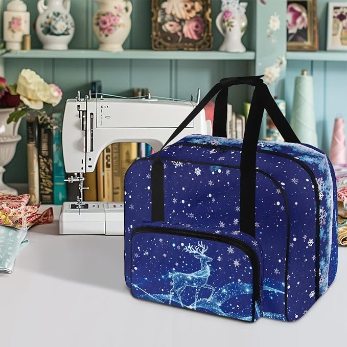 Txnsiver Sewing Machine Carrying Bag Versatile Dust Bag Universal Large Capacity Sewing Machine Storage Case Portable Travel Tote Bag, Christmas Deer Snowflake Deep Blue - Image 2