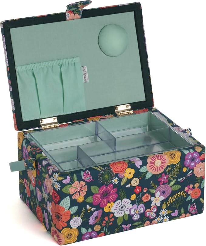 Hobby Gift Medium Sewing Box Organiser, Fabric Covered Storage Box with Handle, Internal Tray, Pin Cushion and Pocket for Sewing, Quilting and Knitting Supplies - Image 9