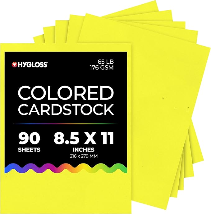 Hygloss Neon Yellow Color Card Stock Paper 8.5" x 11" – Colored Cardstock Paper 8.5x11-inch, 90 Sheets, 65 lb/176 gsm, Fade-Resistant for Crafting, Card Making – Printer Compatible by HyglossProductsInc