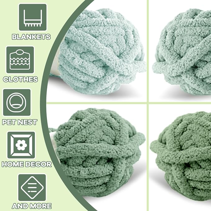 8 Packs Jumbo Sage Green Chunky Chenille Yarn for Crocheting, Bulky Thick Fluffy Yarn for Knitting, Super Bulky Chunky Yarns for Hand Knitting Blanket (27 yds,8 oz Each Skein) - Image 4