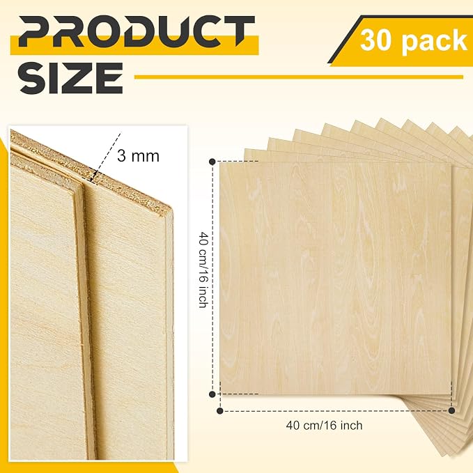 30 Pcs 16" X 16"X 1/8" Basswood Plywood Sheets for Laser Cutting | 3mm Plywood Wood Thin Sheets for DIY Arts Crafts Woodworking Scroll Sawing Projects Painting Drawing - Image 2