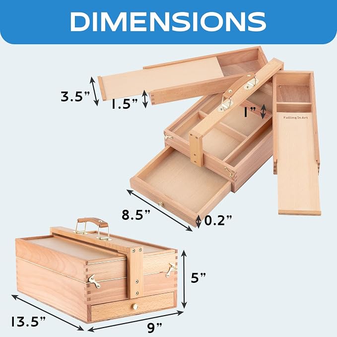 Falling in Art Artist Supply Storage Box, Three Layer Art Storage Tool Box | Portable Beechwood Toolbox with Drawer for Paints, Brushes, Pastels, Pens, and Markers - Image 2