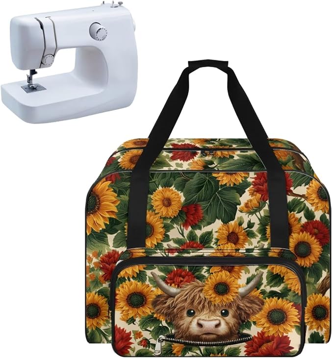 Highland Cow Carrying Travel Storage Sunflower Sewing Machine Bag Case with 4 Bottom Rubber Pads Portable Carrying Totes Easy to Clean Sewing Machine Storage Bag by Unknown