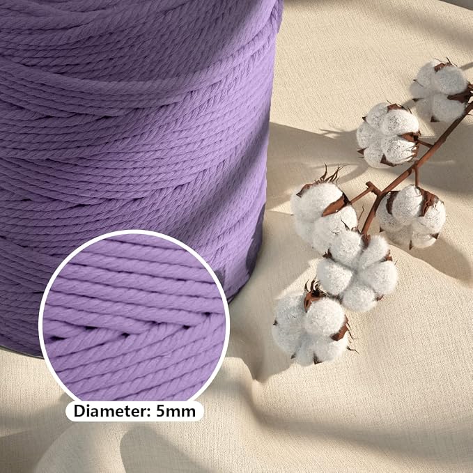 ZUEXT Macrame Cord, Light Violet, 5mm x 328yds Cotton String Macrame Yarn | Natural Handmade, 4 Strands Twisted Cotton Rope, for Craft Wall Hanging Weaving Tapestry Dream Catchers Hanger DIY Gift, 300m - Image 3