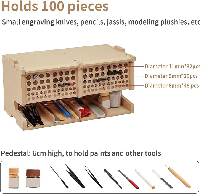 Wooden Model Kit Tool Storage Rack with 100 Holes, Brush/Paint Organizer with MDF Material, Craft Supplies Storage, Brush/Tool Holder, Suitable for Tamiya/Gundam Tools, GK6 - Image 2