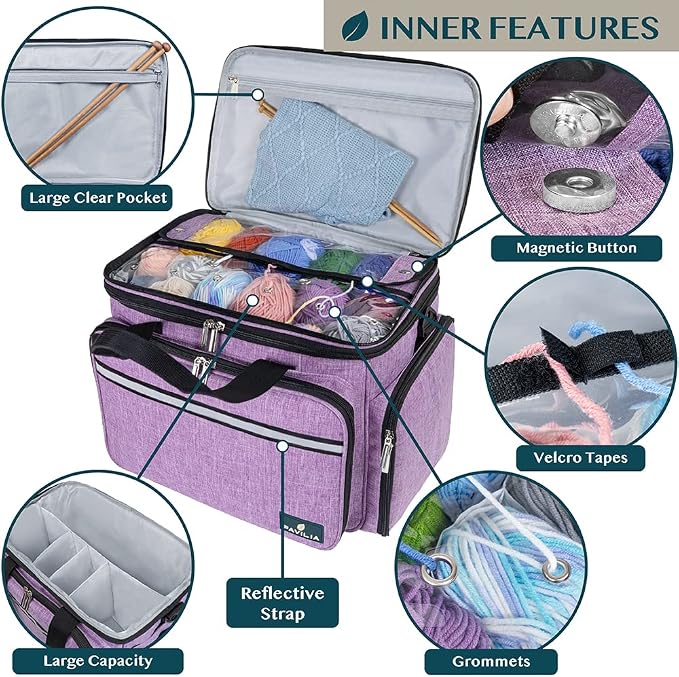PAVILIA Knitting Bag Yarn Storage Tote - Crochet Organizer Bag, Yarn Storage Holder with Dividers for Knitting Accessories, Yarn Skiens, Needles, Hooks, Unfinished Project (Heather Gray) - Image 2