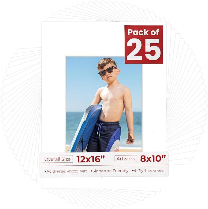8x10 Mat for 12x16 Frame - Precut Mat Board Acid-Free Show Kit with Backing Board, and Clear Bags Textured White 8x10 Photo Matte For a 12x16 Picture Frame Matboard for Framing, Pack of 25 Mats by PosterPalooza