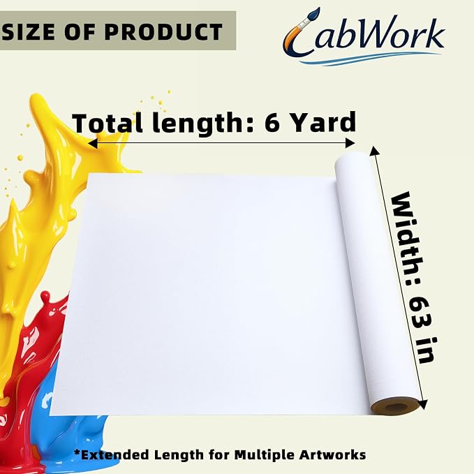 Large Primed Canvas Roll for Painting, 63 in x 6 yd, 10 oz Cotton | Acid-Free Triple Gesso, Oil and Acrylic Ready, 10-Piece Artist Brush Set Included, Cuttable for Custom Art Projects - Image 2