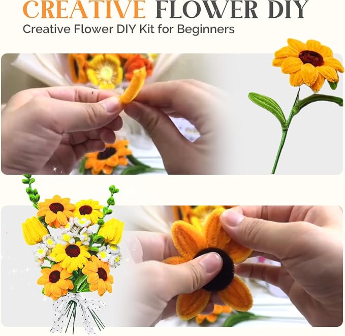400 Pieces Chenille Stems Pipe Cleaners Craft Kit - Durable Yellow Pipe Cleaners for Crafts & Flowers, Complete DIY Pipe Cleaner Flower Kit for Kids, Ideal for School Projects & Gifts (Sunflower) - Image 4