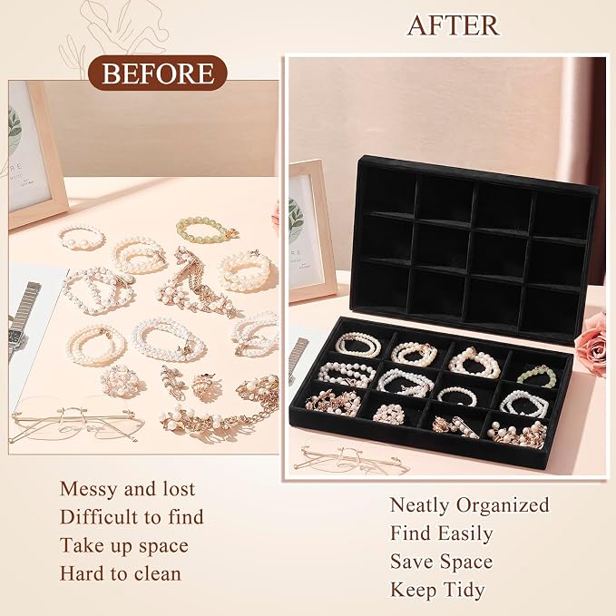 Cinnvoice 4 Pcs Stackable Jewelry Organizer Tray, 12 Grids Velvet Bracelet Ring Necklace Tray, Jewelry Organizer Trays for Drawer Display Selling Bangle Necklace Earring Showcase Storage(Black) - Image 4