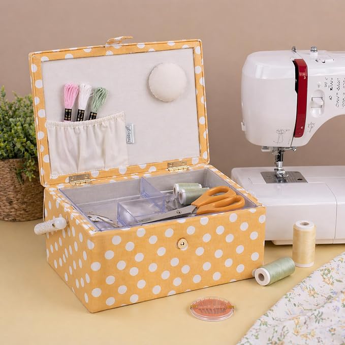 Hobby Gift Medium Sewing Box Organiser | Fabric Covered Storage Box, Handle, Internal Tray, Pin Cushion and Pocket, For Sewing, Quilting and Knitting Supplies - Image 7