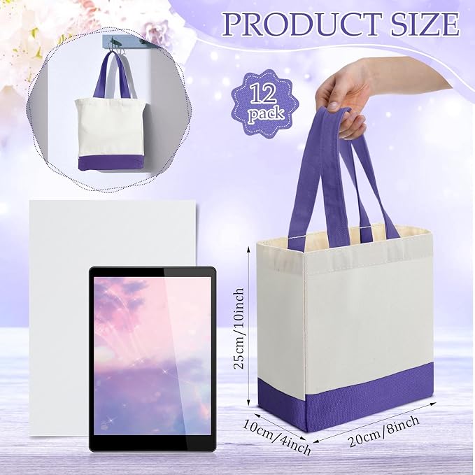 Sanwuta 12 Pack Mini Canvas Tote Bag 8'' x 4'' x 10'' Small Sublimation Blank Canvas Bags Reusable Tote for Christmas Crafts DIY Party Gifts (Purple) - Image 3