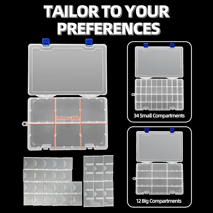Plastic Organizer Storage Box, Adjustable Divider 34 Grids, 4 Pack | Clear Removable Compartment Storage Box for Jewelry, Beads, Earrings, Fishing Hooks, Craft, Screws, Nails, Small Tools - Image 5