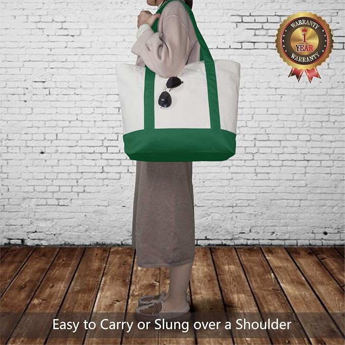 TOPDesign 1-Pack Canvas Tote Bag with an External Pocket, Reusable Grocery Shopping Bag, Top Zipper Closure, Daily Essentials (Green/Natural) - Image 2