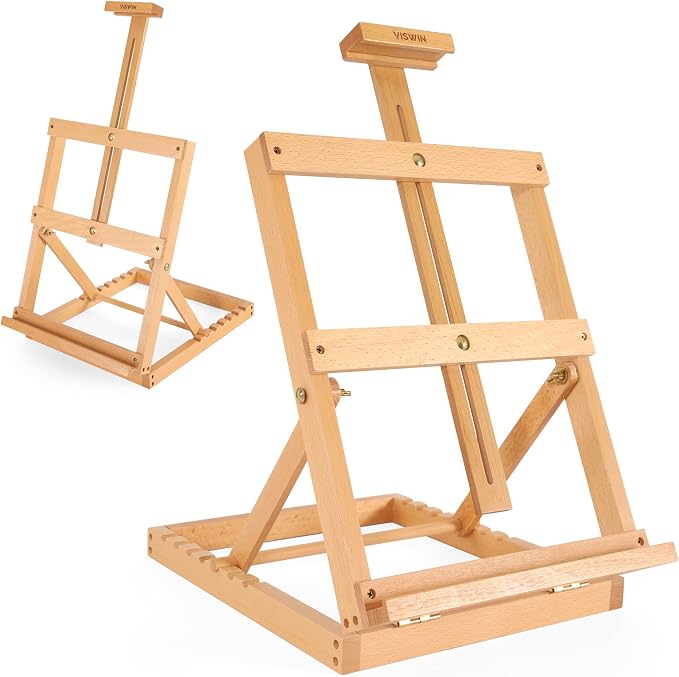 Heavy-Duty Table Top Easel for Painting, Adjustable Beech Wood Tabletop Easel, Hold Canvas up to 23”, Portable Art Desktop Easel Stand for Adults, Artists, Beginners – Natural by VISWIN