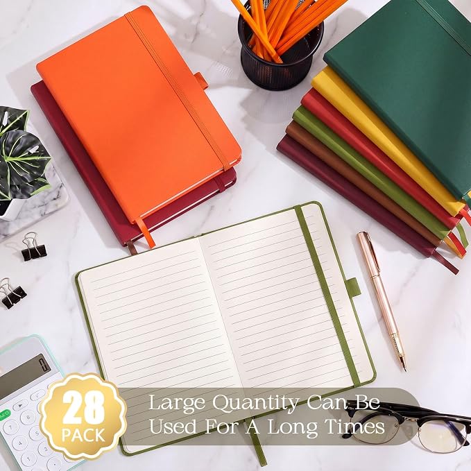 Laumoi 28 Pack A5 PU Leather Lined Notebook Journal, Vibrant Color,Simple | PU Leather Journals, Wide Ruled 5.5x8.2 Inch, For School Business Work Writing, Bulk Ideal for Classroom Office Supplies - Image 4